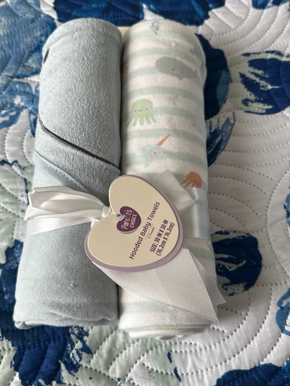 Hooded Baby Towels - Seafoam Green & Light Gray